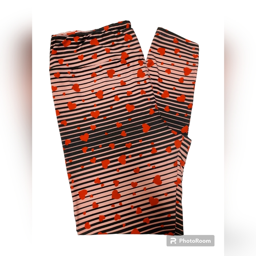 LulaRoe leggings, black & pink stripes w/ red hearts TC (tall & curvy)